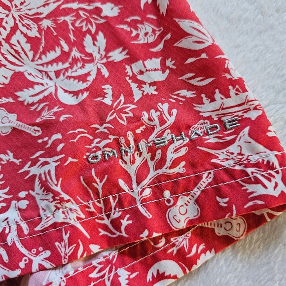 Columbia PFG Omni-Shade Tropical Coral Palm Tree Button Up‎ Shirt Red White M - Picture 2 of 14